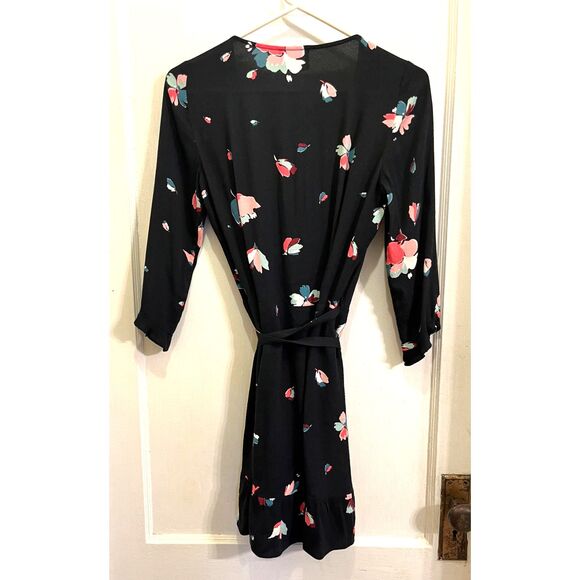Sezane Black Elena Floral Viscose Boho Ruffle Wrap Mini Dress   Women's Size 36 - Picture 7 of 10